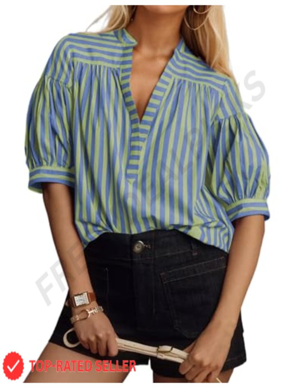 Puff Short Sleeve Striped Blouse V Neck Loose Fit Summer Top